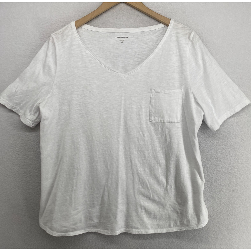 EILEEN FISHER Top L Slub Organic Cotton Jersey Pocket V-Neck Short Sleeve White